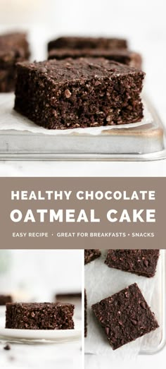 healthy chocolate oatmeal cake recipe for breakfast and snacks on a plate with text overlay