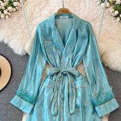 Materials: other Size: one size Color: Blue Chic Summer Evening Robe, Chic Fitted Long Sleeve Robe, Chic Long Sleeve Spring Robe, Chic Long Sleeve Robe For Spring, Chic Long Sleeve Blue Shirt Dress, Chic Blue Long Sleeve Shirt Dress, Chic Blue Shirt Dress For Party, Elegant Long Sleeve Summer Robe, Chic Long Sleeve Belted Robe