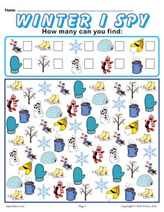 the winter i spy game is shown in blue and white