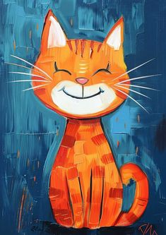 an orange cat with its eyes closed sitting on a blue background and smiling at the viewer