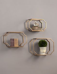 three gold metal shelves with books and plants on them against a gray wall, one has a small potted plant in the middle