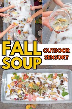 several pictures of people scooping out leaves and ice into a bowl with the words fall soup on it