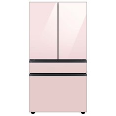 a pink refrigerator freezer sitting on top of a white wall with black trimming