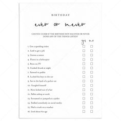 Adult Birthday Game for Him Ever or Never Printable by LittleSizzle 21st Birthday Party Games Families, Adult Party Birthday Games, Fun Adult Party Game, Game Night 30th Birthday, Adult Birthday Party Games Hilarious, Funny 40th Birthday Games, 50th Games, 40th Birthday Party Activities Fun, Birthday Games For Men