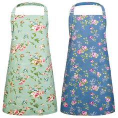 two aprons with floral designs on them, one in blue and the other in green