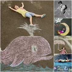 a child laying on the ground next to chalk drawings and an image of a whale