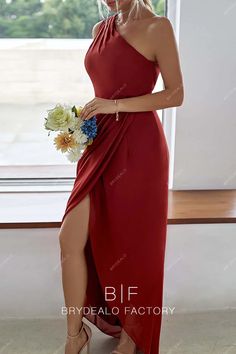 Red Chiffon One Shoulder Sexy Slit A-line Bridesmaid Dress Bridesmaids Dress Inspiration, One Shoulder Bridesmaid Dresses, One Shoulder Bridesmaid, Red Chiffon, Red One, Chiffon Skirt, Wedding Celebration, Chiffon Bridesmaid, Shoulder Design