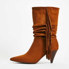 Step into style with our Vegan Suede Cone Heel Shoes. These Fringe Mid-Calf Slouch Boots in Brown feature a trendy design that effortlessly combines fashion and comfort. Color: brown Material: vegan suede Heel Type: cone heel Heel height: 2.76 inches/ 7 cm Toe: pointed toe Fringe embellishment Handcrafted US sizing. Fits true to size. Brown Suede Pointed Toe Mid-calf Boots, Brown Pointed Toe Suede Mid-calf Boots, Brown Suede Mid-calf Boots With Pointed Toe, Brown Pointed Toe Mid-calf Boots For Fall, Brown Suede Heeled Boots For Party, Brown Pointed Toe Heels For Winter, Fall Brown Pointed Toe Mid-calf Boots, Brown Pointed Toe Mid-calf Boots For Spring, Brown Pointed Toe Heels For Fall