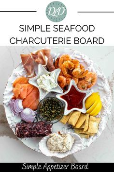 the simple seafood charcuterie board is ready to be served on a plate with dipping sauce