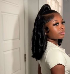 Cute Hairstyles Black Women Ponytail, Space Buns With Swoop Natural Hair, Cute Sew In Styles, Glue In Ponytail Hairstyles, Simple Quickweave Hairstyles, Cute Girly Hairstyle Ideas, Bump Ends Hairstyle Black, So In Hairstyles, Slick Ponytail Styles