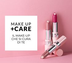 three pink lipsticks with the words make up and care written on them against a pink background