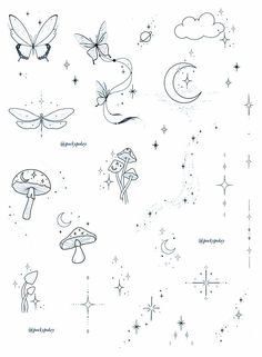 an ink drawing of different types of flowers and butterflies on a white background with stars