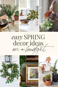 the words easy spring decor ideas on a white background with pictures of plants and potted plants