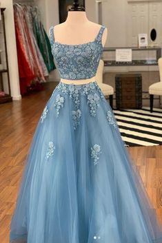 Regular Straps Tulle Appliques Lace Prom Dresses – Angrila Blue Lace Prom Dress, Two Piece Prom, Lace Prom Dresses, Prom Dresses Long Lace, Custom Prom Dress, Blue Dress Formal, Lace Prom Dress, Blue Evening Dresses, Piece Prom Dress