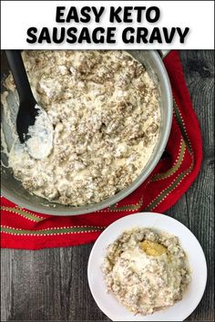 an easy keto sausage gravy recipe in a pot with a spoon on the side