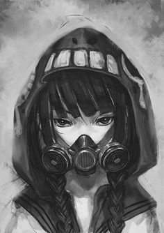 a drawing of a woman wearing a gas mask