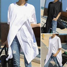 Trendy Fashion Womens Short Sleeve Long Top Shirt Wrap Crew Neck Loose Asymmetric T-shirt Tee, Women's Top Casual Asymmetrical T-shirt For Spring, Casual Cotton Asymmetrical Shirt, Casual Asymmetrical Cotton Shirt, Oversized Cotton Tops With Asymmetrical Hem, Oversized Cotton Top With Asymmetrical Hem, Trendy T-shirt With Asymmetrical Hem For Spring, Trendy Cotton Top With Asymmetrical Hem, Trendy Cotton Tops With Asymmetrical Hem, Trendy Spring T-shirt With Asymmetrical Hem