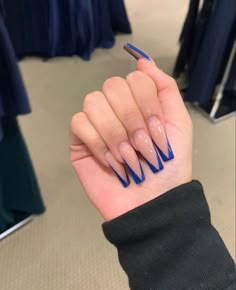 Blue Acrylic Nails Coffin Simple, Blue V Shape French Tip Nails, Coffin Dark Blue French Tip Nails, Royal Blue Long Nails With Design, Blue Tip Nails Coffin, Royal Blue Prom Nails Long, Royal Blue French Tip Nails With Rhinestones, Cute Nails Acrylic Dark Blue, Royal Blue Nails Short French