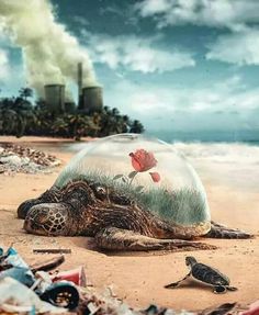 a turtle laying on top of a sandy beach next to a red rose in a glass ball