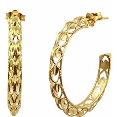 These beautiful diamond-cut hoop earrings will be a sparkling addition to any jewelry collection. The intricate diamond-cut detail of these earrings are eye catching for all to admire. They are a great addition to any outfit, day or night. These earrings make a stylish and timeless gift for you and your loved ones and are perfect for every special occasion. Color: Yellow. Gender: female. Age Group: adult. Elegant Small Hoop Earrings With Intricate Design, Elegant Hoop Jewelry With Intricate Design, Elegant Filigree Hoop Earrings, Filigree Round Hoop Earrings For Anniversary, Round Filigree Hoop Earrings For Anniversary, Yellow Gold Elegant Hoop Earrings, Hoop Earrings With Intricate Design For Anniversary, Intricate Design Hoop Earrings For Anniversary, Formal Filigree Hoop Jewelry