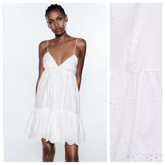 Nwt. Zara White Openwork Embroidered V-Neck Mini Dress With Spaghetti Straps That Adjust At Back With Ties, Tonal Embroidered Eyelet Detail, Interior Lining. Size M. Ref. 7200/403. Pit To Pit 14" Flat, Waist 18", Length 33". L Zara Mini Dress, Gingham Jacket, White Eyelet Dress, Short Summer Dresses, Taffeta Dress, Tunic Pattern, Bow Detail Dress, Denim Maxi Skirt, Zara White