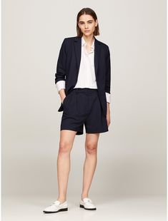 Tommy Hilfiger women's short. For a polished warm-weather look, our wide-leg pleated chinos offer clean, tailored lines.  Material: 66% Recycled Polyester (rpe). Elegant Business Casual Shorts For Spring, Elegant Business Casual Spring Shorts, Elegant Knee-length Bermuda Shorts For Spring, Wide Leg Pleated Shorts For Workwear, Elegant Workwear Shorts For Spring, Pleated Wide Leg Shorts For Work, Elegant Spring Workwear Shorts, Tailored Formal Shorts For Summer, Chic Shorts For Spring Workwear