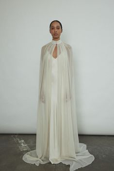 a woman standing in front of a white wall wearing a long dress with sheer sleeves