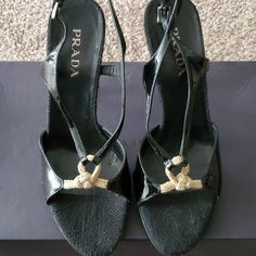 Black Patent Leather Sandal With Knotted Rope Across Footbed. 3.5 Inch Heel. Open Toe, Dust Bags Included Knotted Rope, Shoes Prada, 5 Inch Heels, Prada Shoes, Black Patent Leather, Women's Shoes Sandals, Leather Sandals, Patent Leather, Open Toe