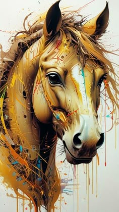 a painting of a horse's head with paint splatters all over it