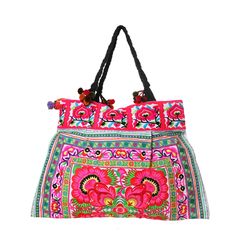 "The beautiful bag is made with an amazing piece of fabric woven by the HMONG hill tribes of Lanna Region (Northern Thailand). Its a great bag for carrying anything. It features a zippered opening area and inside zippered pocket. We buy materials from Hmong market and we design and sew. Some of the bags we modify to improve the product. The Hmong tribes live in the North of Thailand and have origins from the Tibetan area of China. You may not receive the exact bag picture here, As the fabric des Pom Pom Tote Bag, Boho Wallet, Colorful Tote Bags, Art Interiors, Flower Tote, Large Handbag, Embroidered Tote Bag, Beach Tote Bag, Embroidered Tote