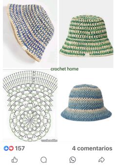 crocheted hats are shown in three different colors and sizes, with the same pattern on