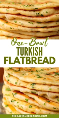 a stack of flatbreads with cheese and parsley on top, in front of the caption that reads one bowl turkish flatbread