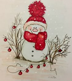 a drawing of a snowman wearing a red hat and scarf