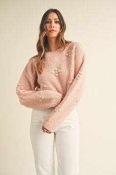 Long sleeve fuzzy 3D floral textured detail crop knit sweater top. Textured Crew Neck Spring Sweater, Soft Knit Cropped Sweater, Textured Knit Cropped Sweater For Spring, Textured Long Sleeve Spring Sweater, Chic Chunky Knit Top For Spring, Spring Cable Knit Cropped Sweater, Spring Chic Chunky Knit Top, Soft Texture Cropped Sweater For Spring, Cozy Cropped Sweater For Spring With Soft Texture