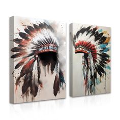 two canvases with native american headdress painted on them, one in white and the other in red