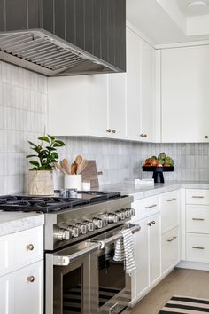 a kitchen with white cabinets and stainless steel stove top oven, potted plant on the counter