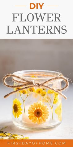 Glass Oui yogurt jar decorated with pressed flowers. Text overlay reads "DIY Pressed Flower Lanterns". Modge Podge Candles, Pressed Flower Lanterns, Flower Table Numbers, Dollar Store Finds, Pressed Flowers Diy, Crafts With Glass Jars, Flower Candles, Fun Summer Crafts