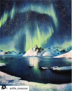 an oil painting of the northern lights over snow covered mountains and lake with ice in foreground