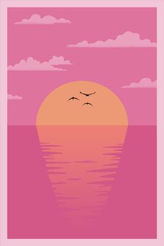 a pink sunset with birds flying over the water