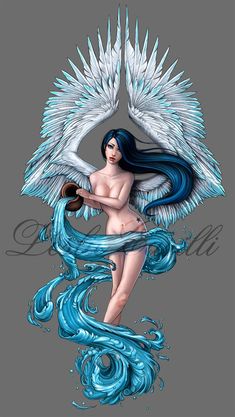 a woman with blue hair and wings on her body