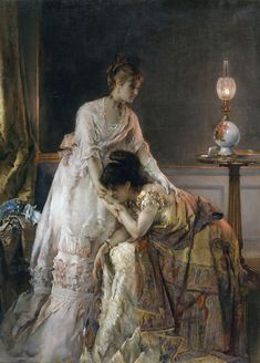 a painting of two women sitting next to each other near a lamp on a table