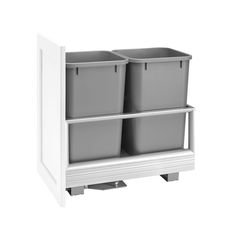 two plastic bins are sitting on top of a white book shelf with three grey bins