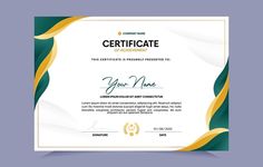 an award certificate is shown in green and yellow colors, with a wavy design on the front