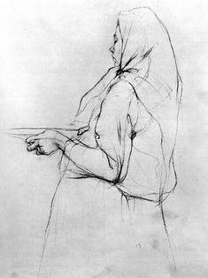 a black and white drawing of a woman sitting