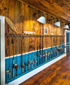 an image of a room with many fishing rods on the wall and in the ceiling