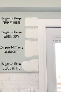 a kitchen wall with white paint on it and the words written in different languages above them