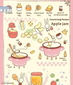 an image of some food and drinks on a pink background with the words apple jam written in