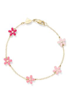 A bouquet for your wrists. Features 5 flower charms with white diamond centers and your choice of mixed multicolor, pastel, or pink enamel.