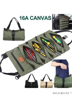 the back side of a canvas bag with tools in it and an image of various items inside