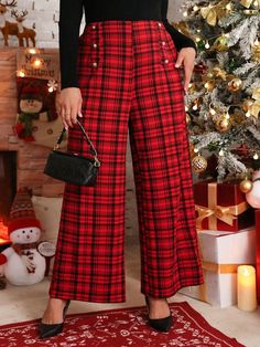 Plus Size Casual Daily Retro Plaid Print Button Detail Wide Leg Pants Red Casual   Knitted Fabric Plaid Wide Leg Slight Stretch  Women Plus Clothing, size features are:Bust: ,Length: ,Sleeve Length: